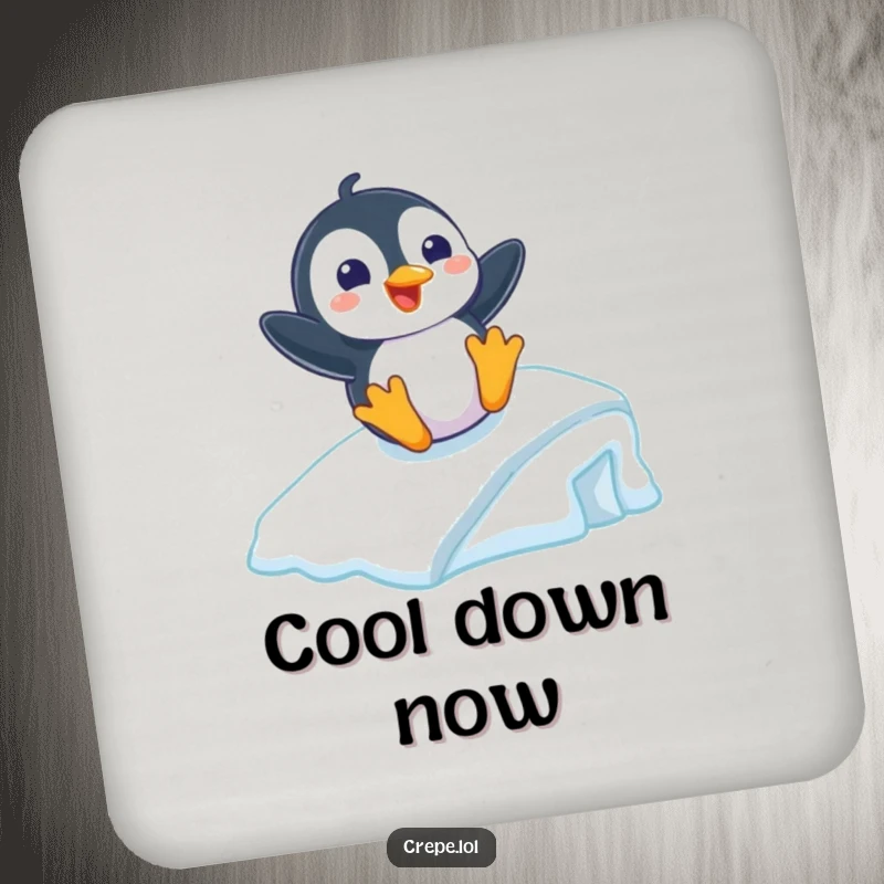 Funny drink coaster featuring a playful penguin with a grin sliding down an icy ramp, protecting surfaces with charm.