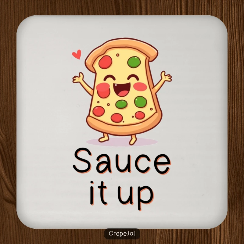 Funny pizza coaster showing an ecstatic slice of pizza doing a jig, adding a humorous and protective element.