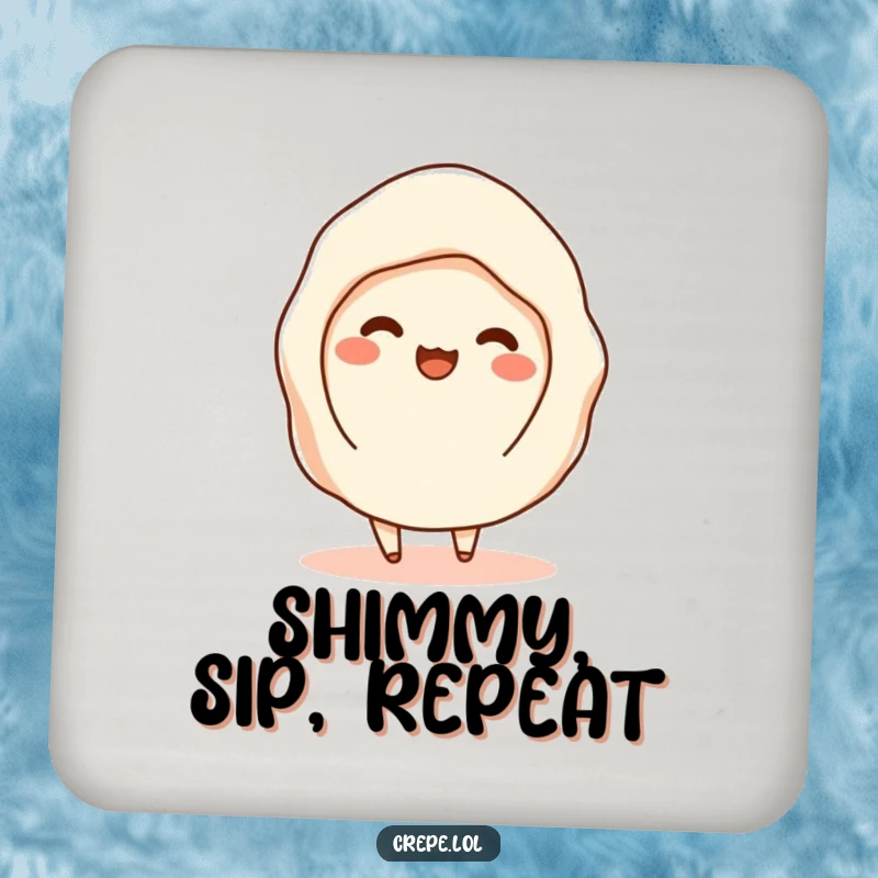 Funny drink coaster showing a happy crepe shimmying with filling peeking out, a humorous addition to any table.