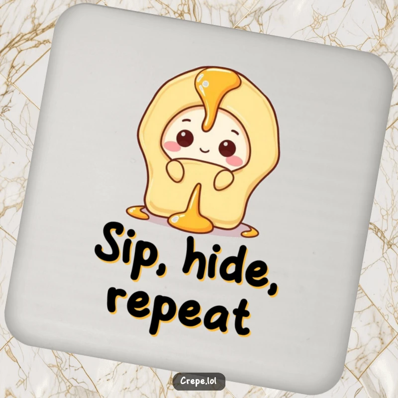 Funny drink coaster with a shy banana crepe peeking from behind a drizzle of syrup.