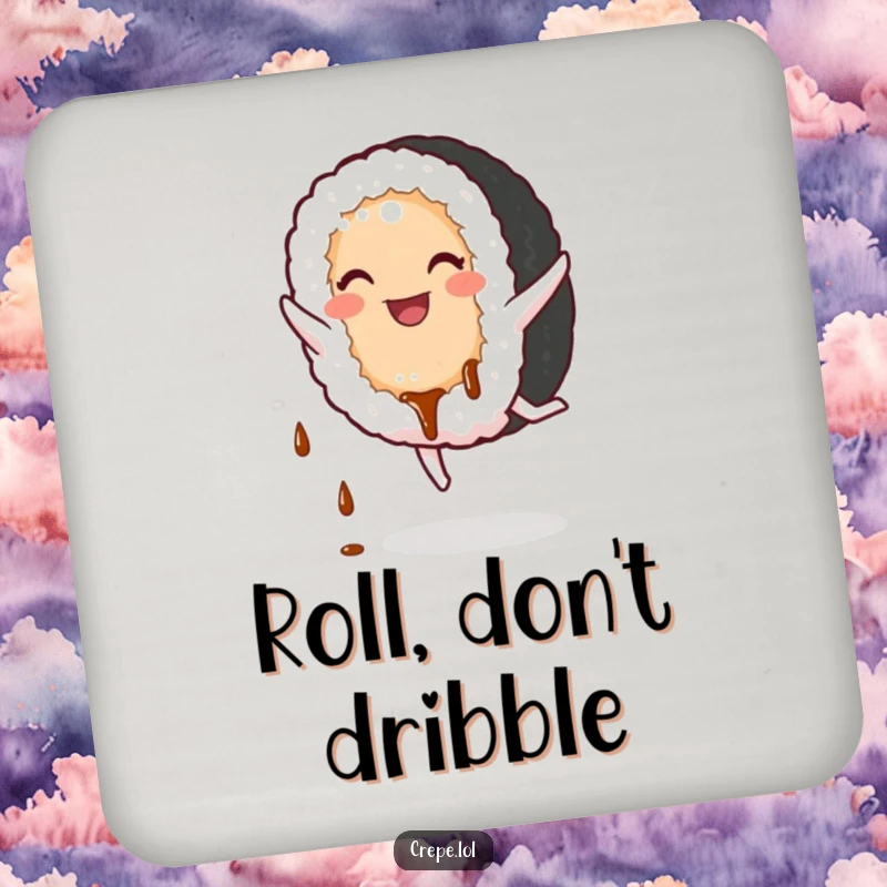 Funny Sushi Coaster: A smiling sushi roll doing a cartwheel, protecting surfaces with humor.