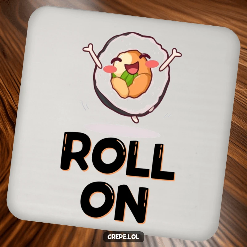 Funny sushi roll cartwheel drink coaster, featuring a delighted character mid-cartwheel, protecting surfaces with a humorous foodie design.