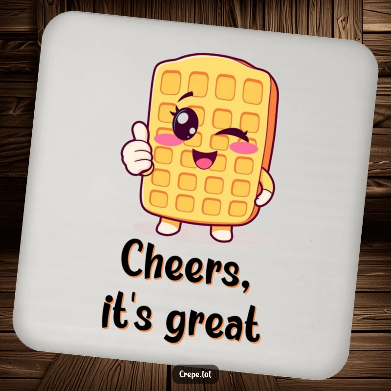 Funny winking waffle coaster giving a thumbs up, a charming and positive breakfast accessory.