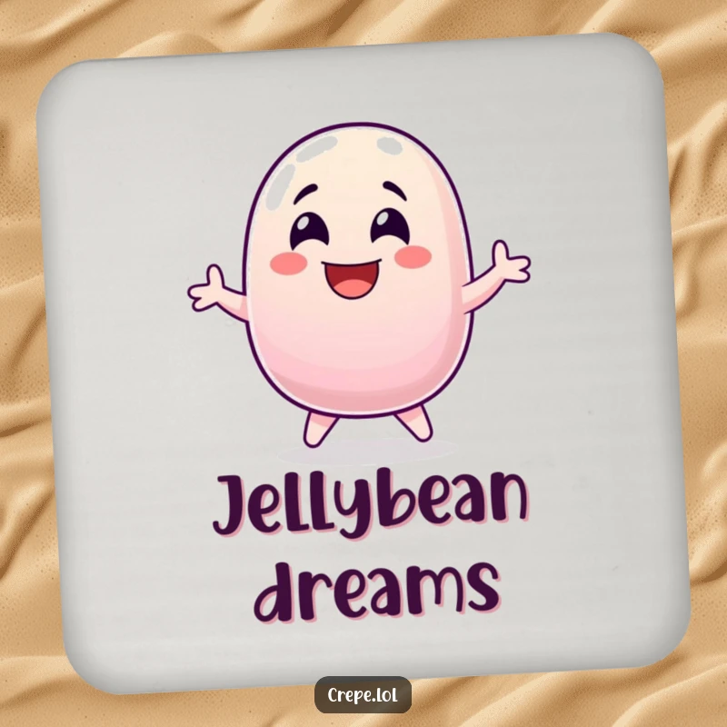 Funny jellybean laughing and jumping for joy, a humorous coaster for drinks.