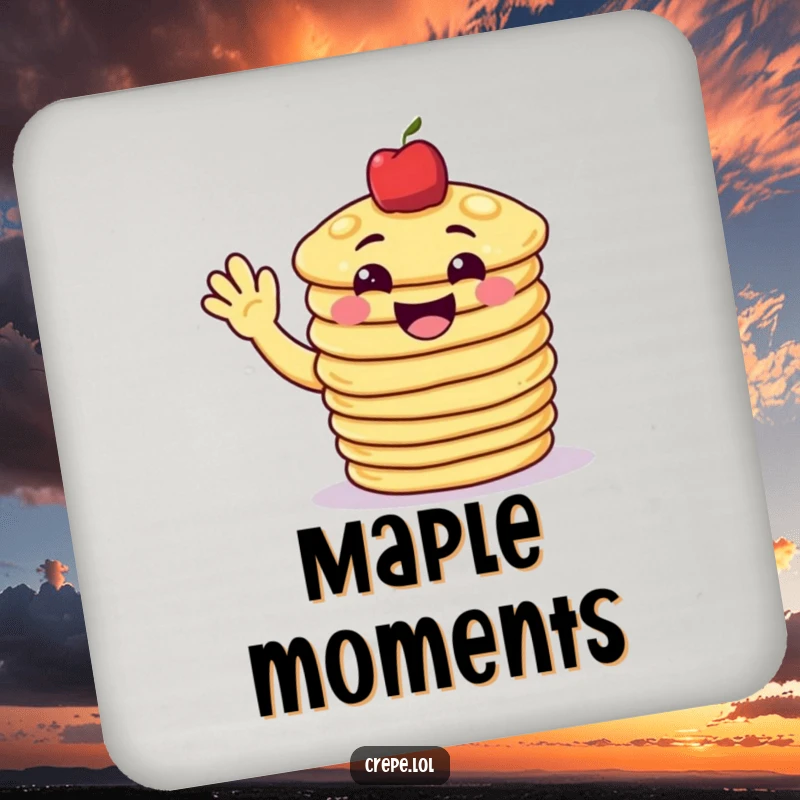 Funny pancake coaster showing a grinning stack of pancakes waving cheerfully, adding a humorous and protective element.
