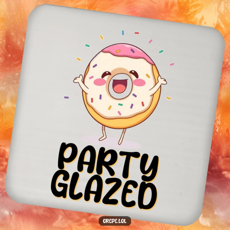 Funny donut coaster with a gleeful dancing character and flying sprinkles, protecting surfaces with humorous dessert flair.
