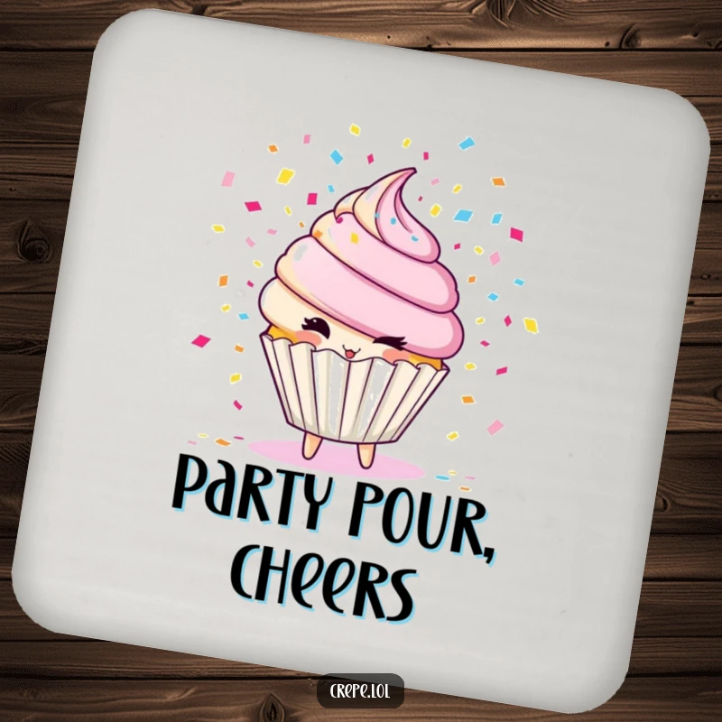 Funny cupcake character drink coaster, winking and blowing confetti, adding festive humor to tabletops.
