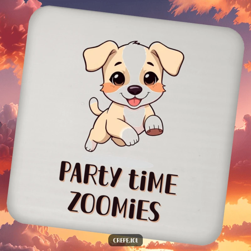 Funny drink coaster featuring a bouncing puppy with floppy ears chasing its tail, protecting surfaces with charm.