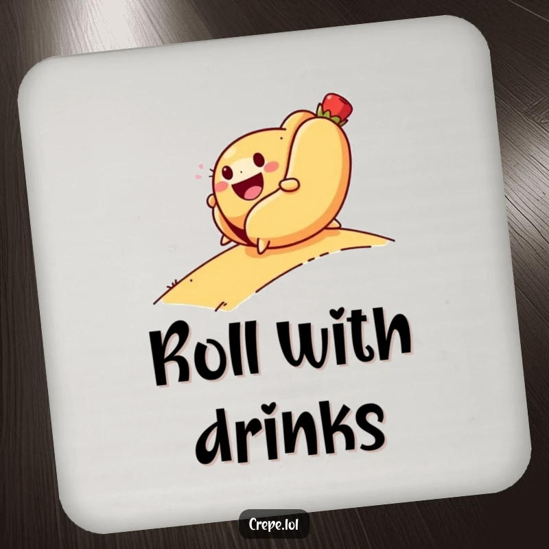 Funny drink coasters featuring a smiling hot dog rolling downhill with glee, protecting tables with humorous flair.