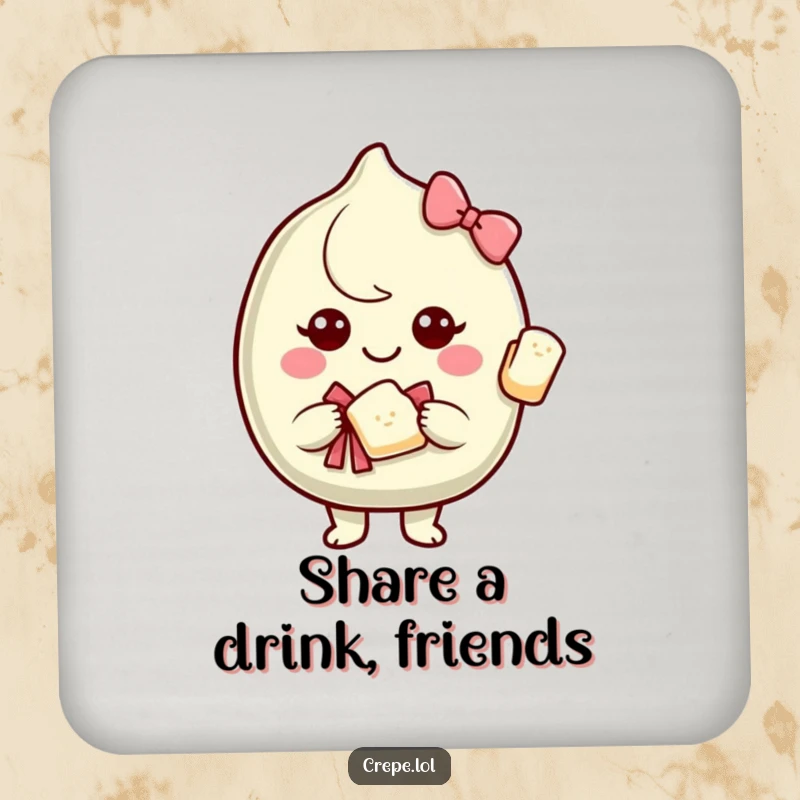 Funny drink coaster with a smiling crepe character offering a piece of itself with a bow, providing protective charm.