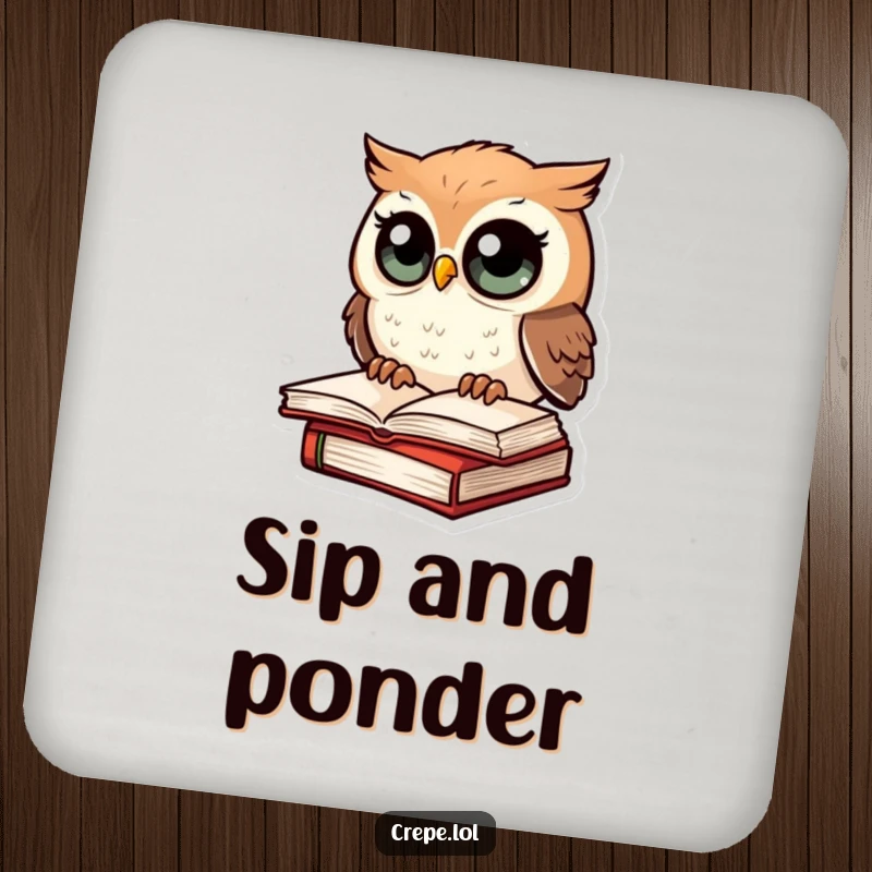 Funny coaster set featuring an amazed owl on a book, adding humor and protecting surfaces.