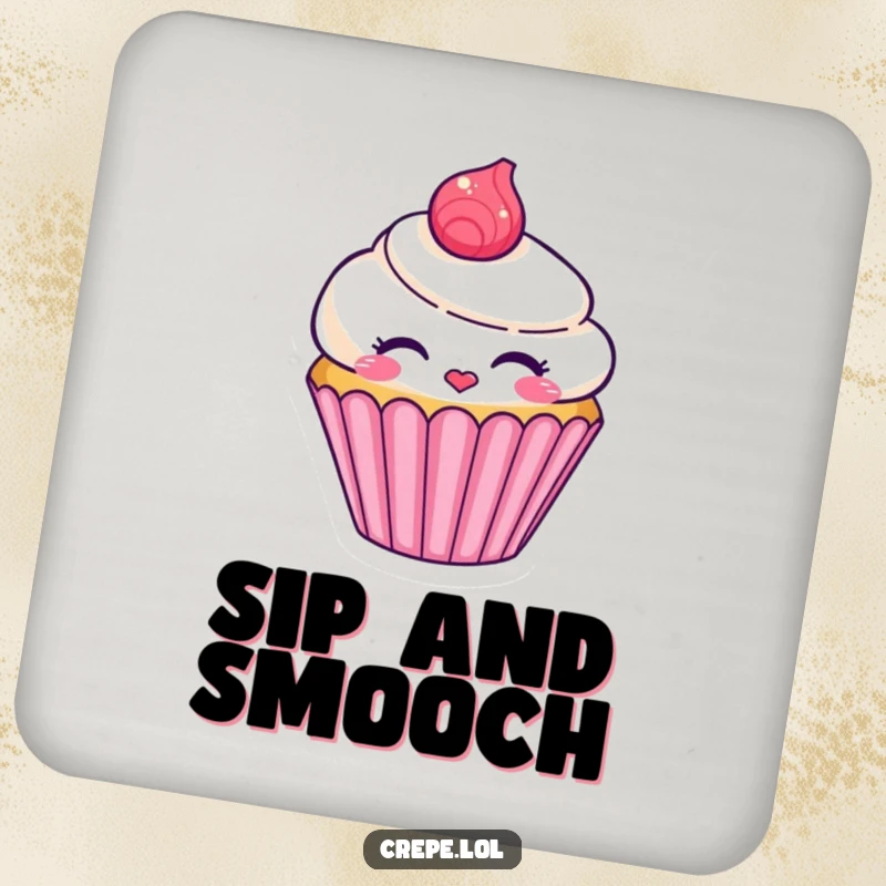 Funny smiling cupcake character coaster blowing a kiss, a charming and sweet accessory.