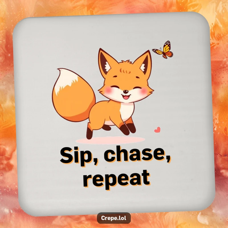 Funny fox with a bushy tail chasing a butterfly, a charming and humorous coaster for drinks.