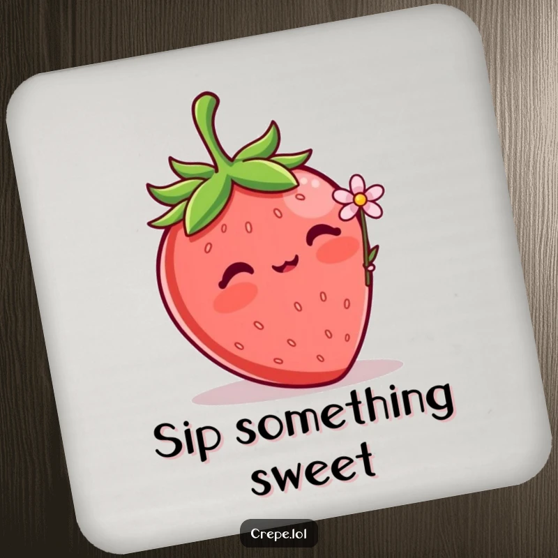Funny Strawberry Flower Coasters featuring a blushing strawberry offering a tiny flower, adding sweetness and protection.