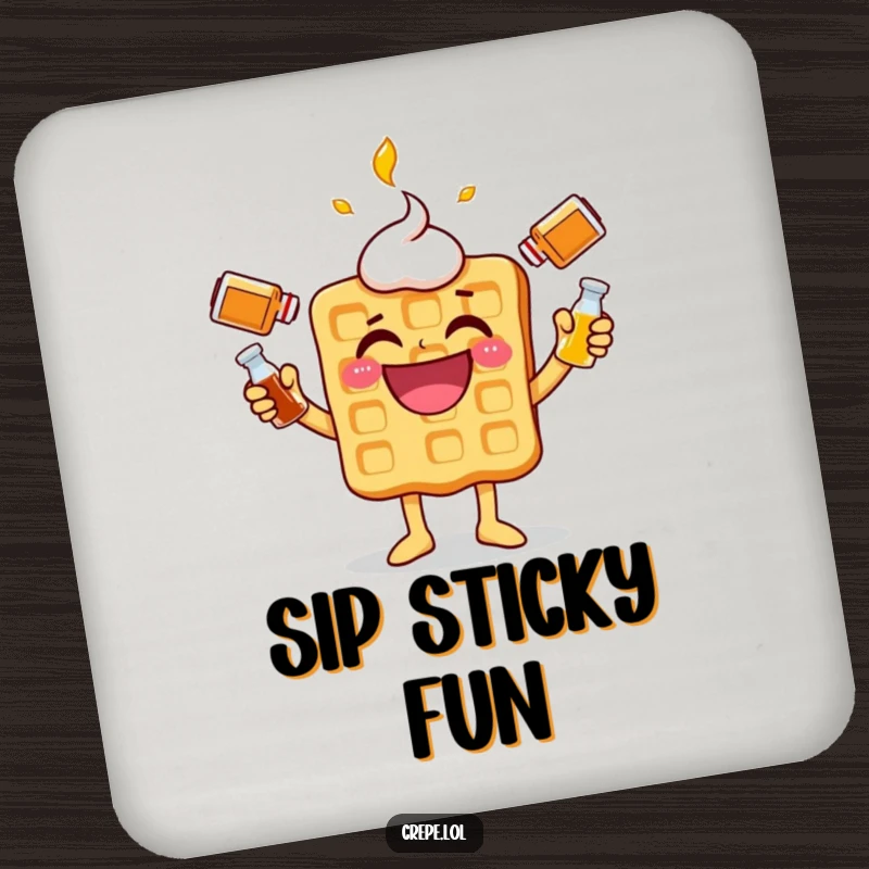 Funny waffle character drink coaster, juggling syrup bottles, protecting surfaces with breakfast humor.