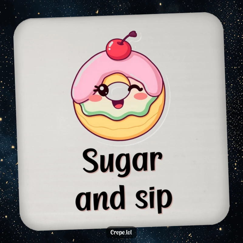 Funny Coaster: A donut with a cherry on top winking, stylishly protecting surfaces with sweet charm.