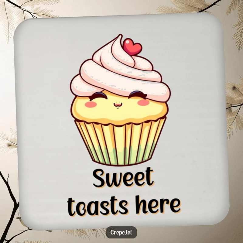 Funny drink coaster with a cheerful cupcake illustration blowing a kiss, protecting surfaces with sweet, playful charm.
