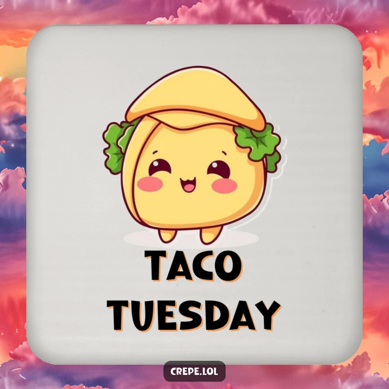 Funny taco hat tip drink coaster, featuring a beaming taco tipping its shell like a hat, protecting surfaces with a humorous fiesta design.