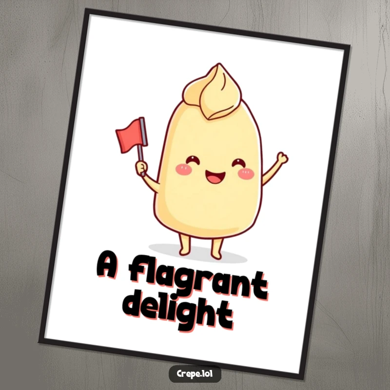 Funny Poster: A smiling crepe character enthusiastically waving a tiny flag, creating a charming and humorous culinary-themed wall art.