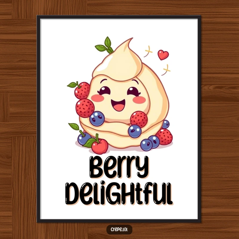Funny poster print of a happy crepe with a swirl of berries around it, adding a touch of culinary enchantment.