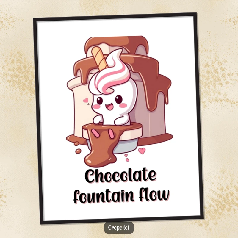 Funny churro character poster, gleefully sliding down a chocolate fountain, adding sweet humor to walls.