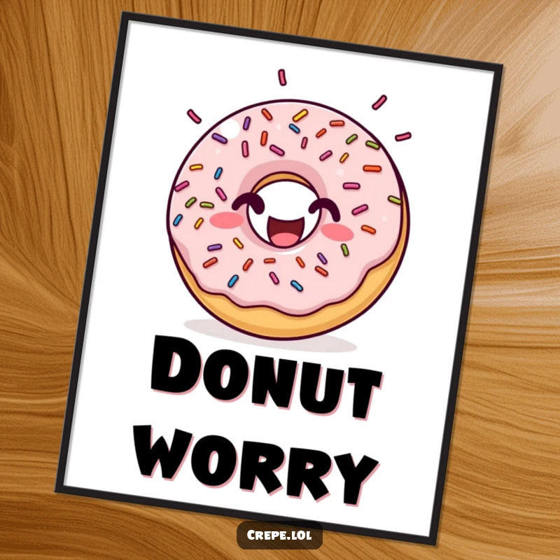 Funny donut sprinkles poster depicting a happy donut with rhythmic bouncing sprinkles, perfect for adding cheerful, humorous food-themed art to any room.