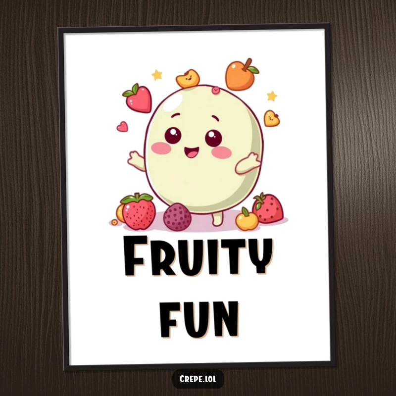 Funny poster of a giggling macaron character expertly juggling small, vibrant fruit toppings, a delightful display.