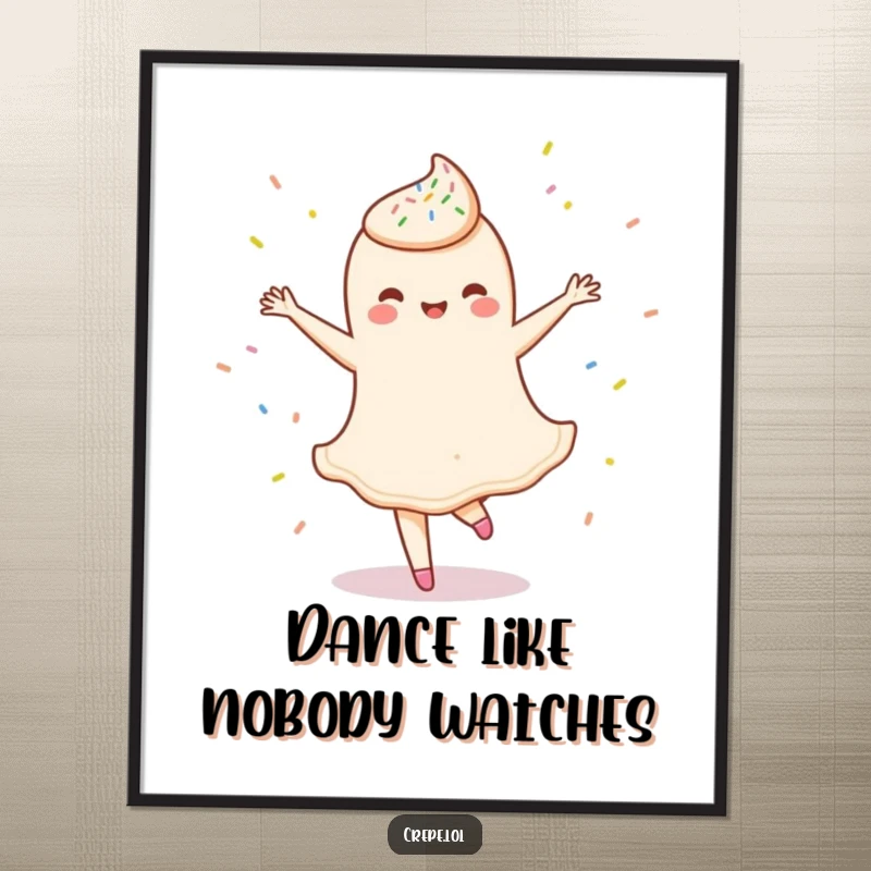 Funny poster art of a delighted crepe character in a ballet twirl, showered in sprinkles, adding a touch of elegance and humor.