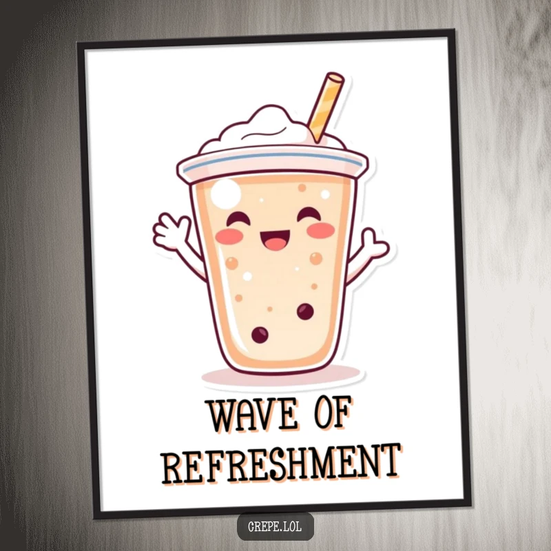 Funny bubble tea character poster, happily waving with its straw, adding cheerful greetings to walls.