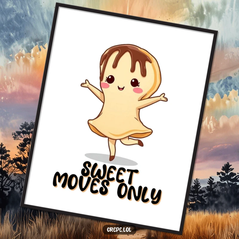 Funny poster art of a chocolate-drizzled crepe performing a charming pirouette, adding a touch of elegance and humor to decor.