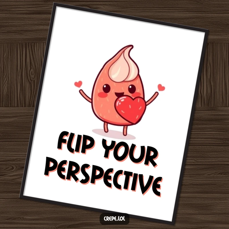 Funny poster of a smiling red crepe with a strawberry heart, performing a joyful flip, ideal for food-themed decor.