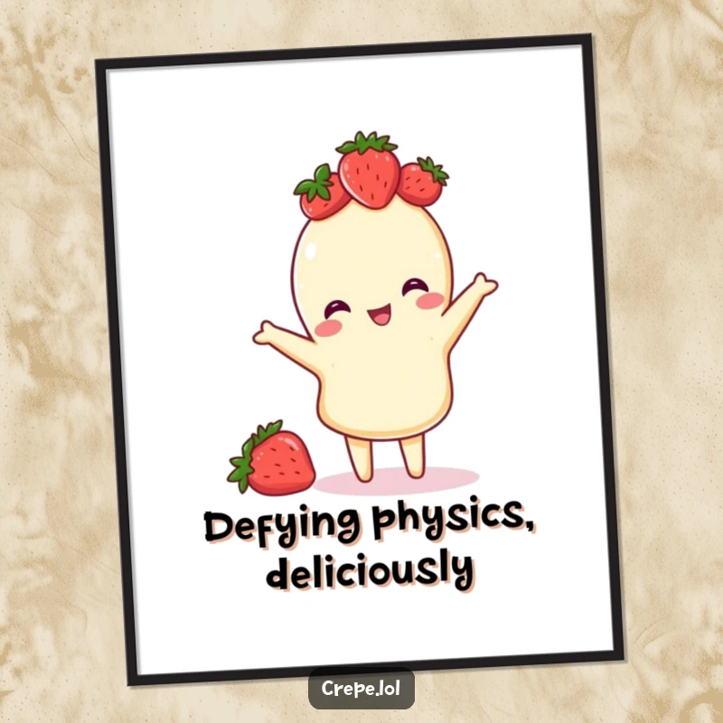 Funny poster art of a crepe wearing a strawberry crown, mid-playful flip, bringing a whimsical and cheerful vibe to any room.