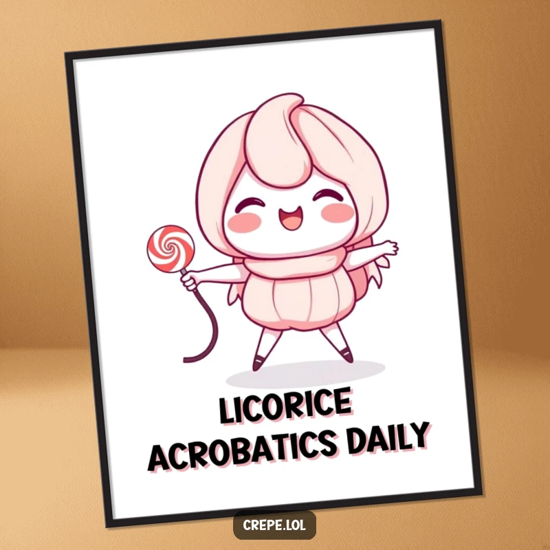 Funny poster art of a grinning crepe character jumping rope with a licorice string, bringing energetic humor to any wall.