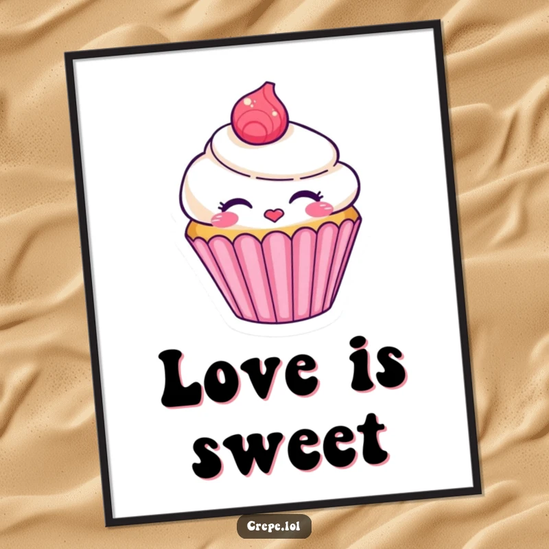 Funny smiling cupcake character poster blowing a kiss, a sweet and affectionate wall decor.