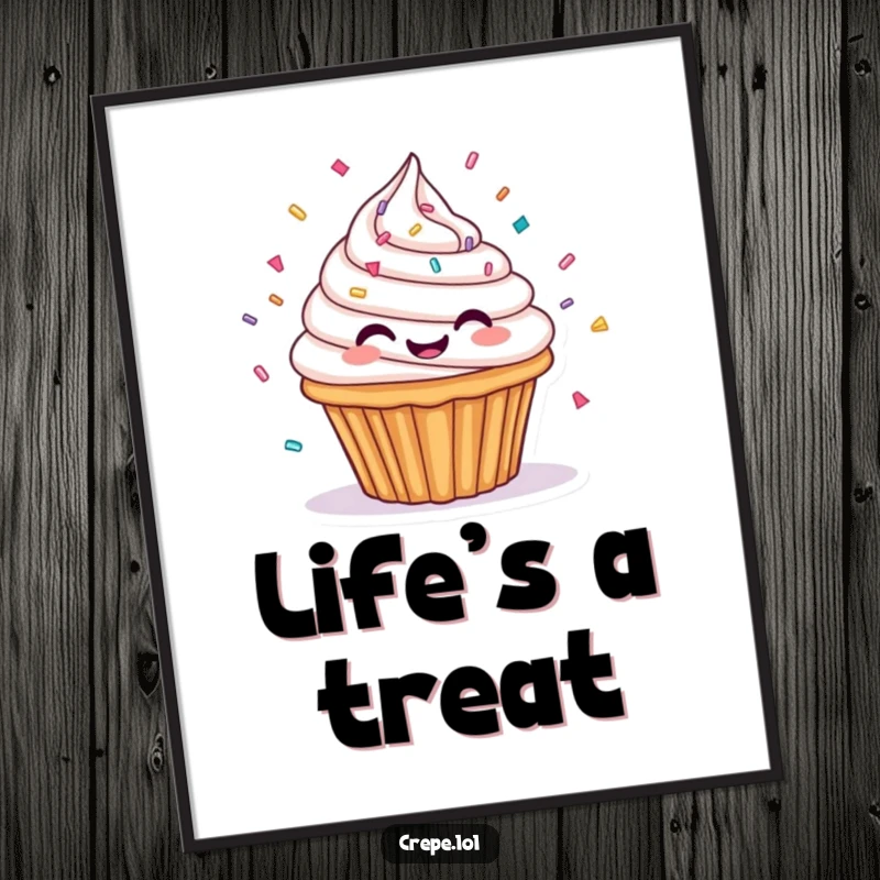 Funny poster of a happy cupcake with frosting and sprinkles spinning around, adding sweet humor to wall decor.