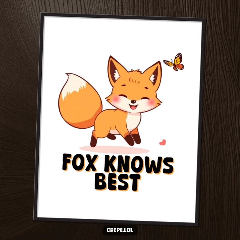 Funny fox with a bushy tail joyfully chasing a butterfly, a hilarious and charming woodland art print for any room.