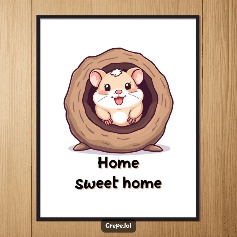 Funny poster print of a happy hamster peeking out from a hollow log, capturing adorable curiosity and charm.