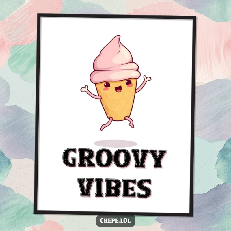Funny ice cream cone with legs performing a silly dance, a humorous art print.