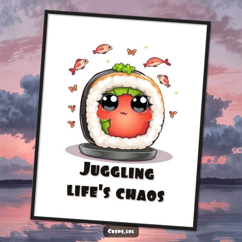 Funny poster of a sushi piece juggling tiny fish with wide eyes, creating a humorous and artistic wall decoration.
