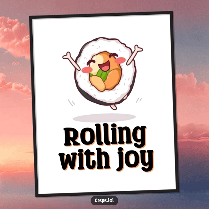 Funny sushi roll poster depicting a delighted character mid-cartwheel, perfect for adding humorous food-themed wall art to any room.