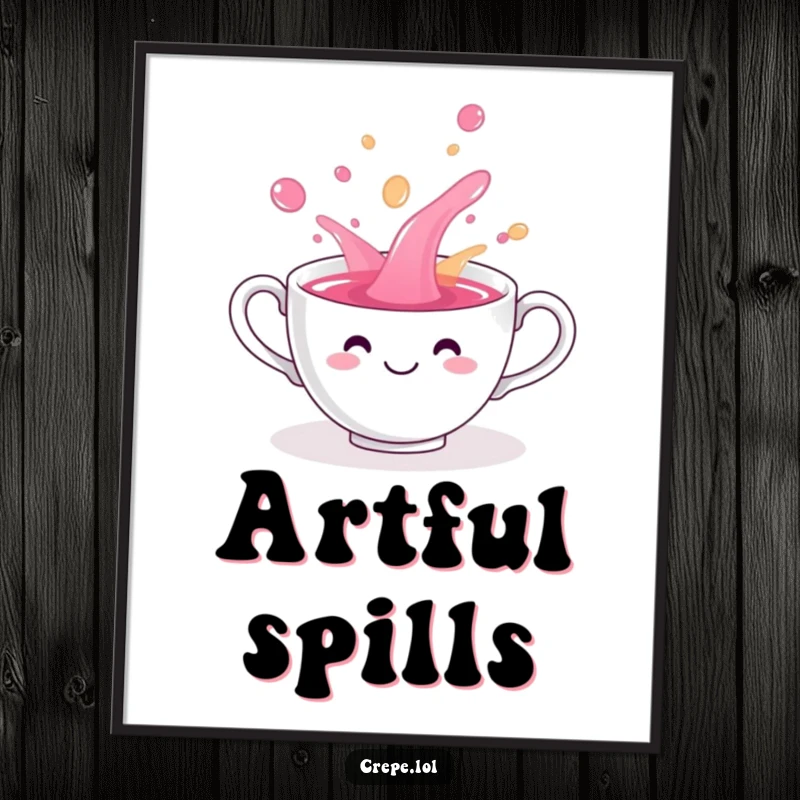 Funny smiling teacup playfully spilling colorful liquid, a humorous art print.