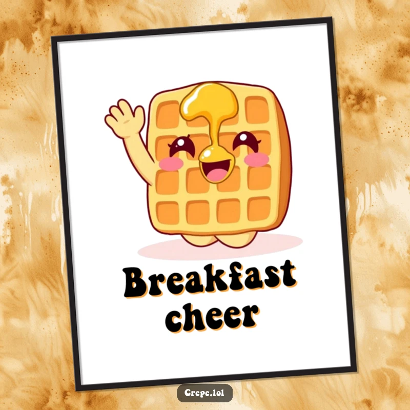 Funny waffle with syrup waving enthusiastically, a humorous art print for kitchens.
