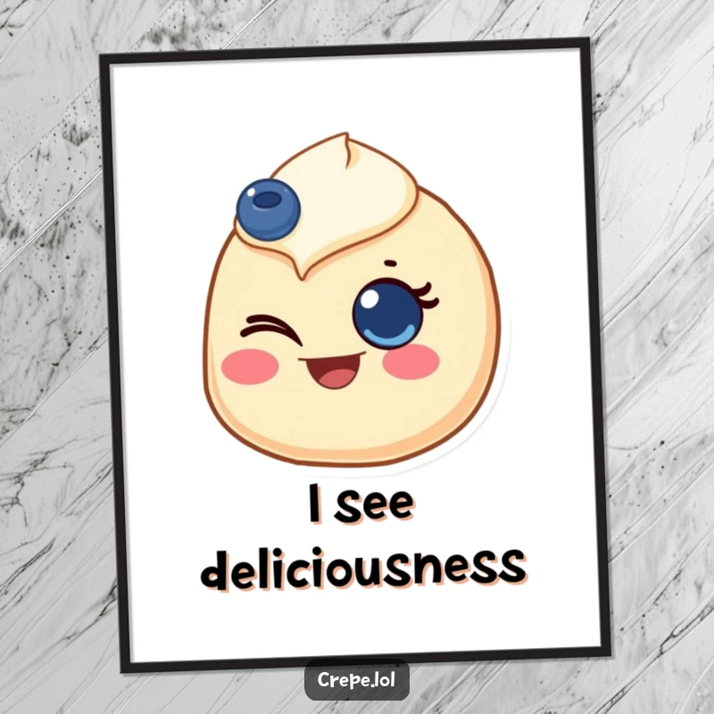 Funny poster art of a crepe with a blueberry eye, giving a heartwarming and joyful wink, adding cheer to decor.