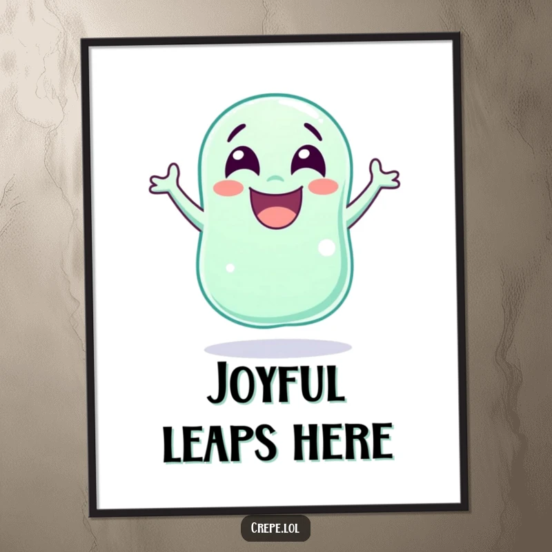 Funny wide-eyed jellybean captured mid-jump, laughing with pure bliss, creating a vibrant and humorous wall art.