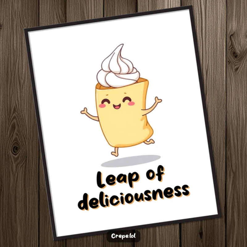 Funny poster depicting a folded crepe with whipped cream in a joyful hop, bringing a whimsical and energetic feel to decor.