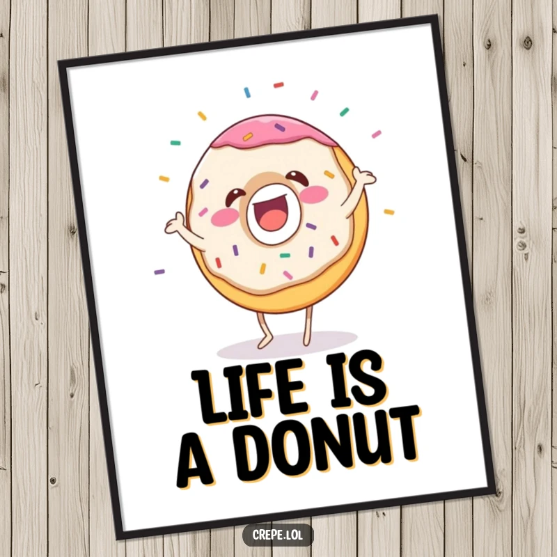 Funny donut poster print with a gleeful dancing character and flying sprinkles, adding joyful dessert-themed humor.