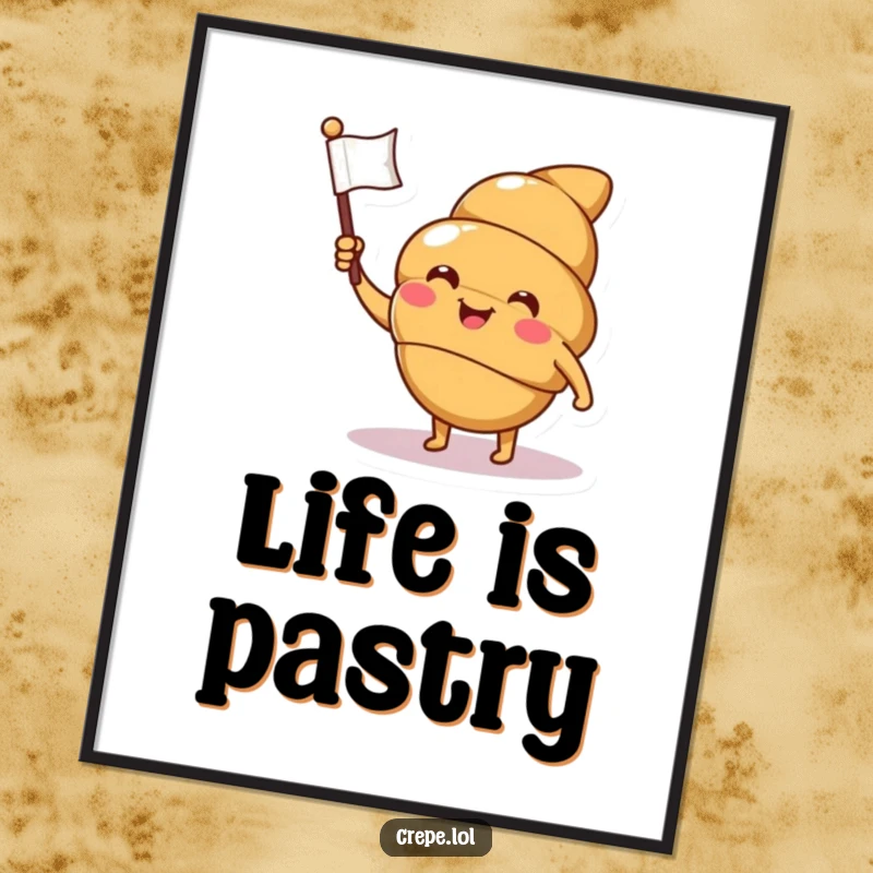 Funny croissant poster print with a smiling character waving a tiny flag and winking, adding cheerful pastry-themed humor.
