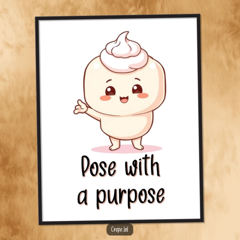 Funny poster art of a crepe with cream, striking a bizarrely comical pose, bringing visual humor to any room.