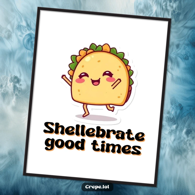 Funny Poster: A cheerful taco with legs dancing exuberantly, bringing a splash of color and fun to any room.