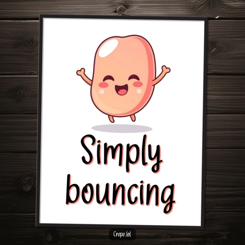 Funny poster featuring a wobbly, brightly colored jelly bean captured mid-bounce with an expression of pure, unadulterated glee.